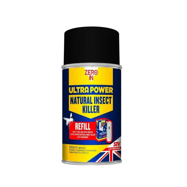 Black-capped aerosol can of zero in ultra power natural insect killer refill with blue yellow and red label