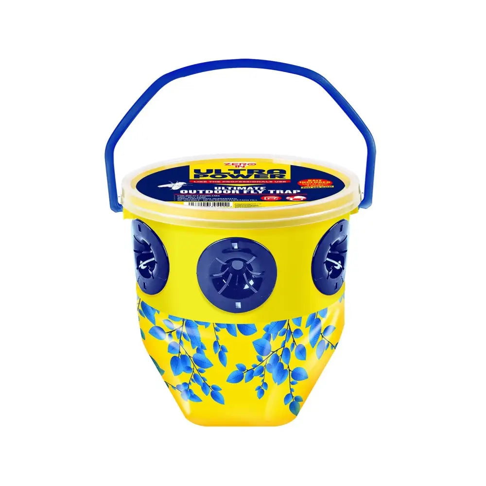 Bright yellow plastic ultra power ultimate outdoor fly trap bucket with blue handle and leaf pattern openings