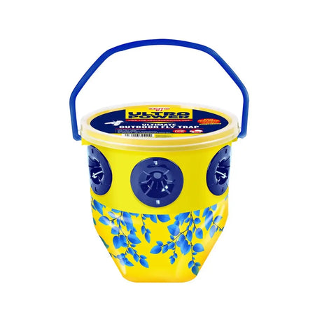 Bright yellow plastic ultra power ultimate outdoor fly trap bucket with blue handle and leaf pattern openings