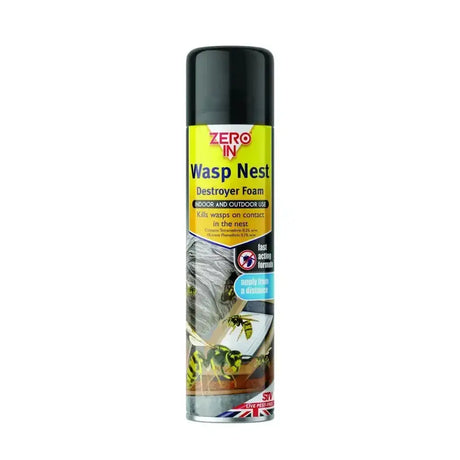 Black aerosol can of zero in wasp nest destroyer foam with yellow label showing wasps for indoor and outdoor use