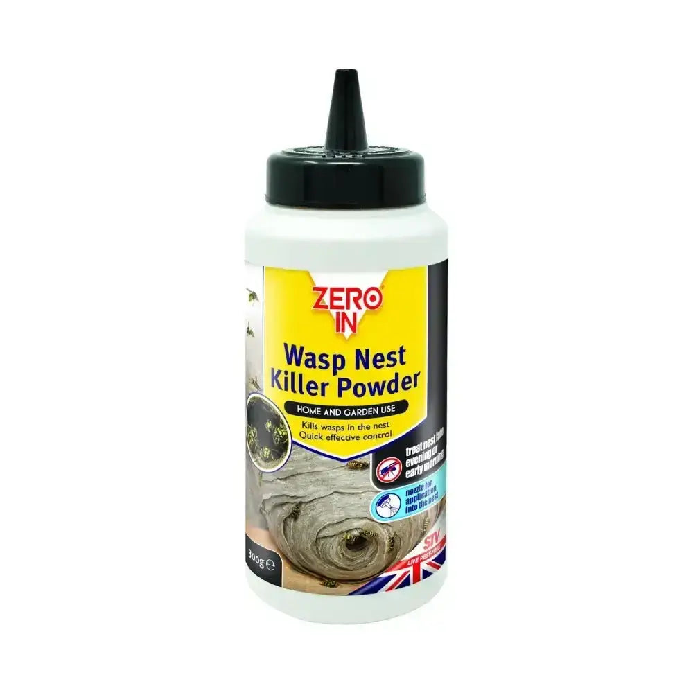 White plastic bottle with black cap and yellow label of zero in wasp nest killer powder for home garden use