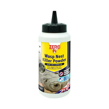 White plastic bottle with black cap and yellow label of zero in wasp nest killer powder for home garden use