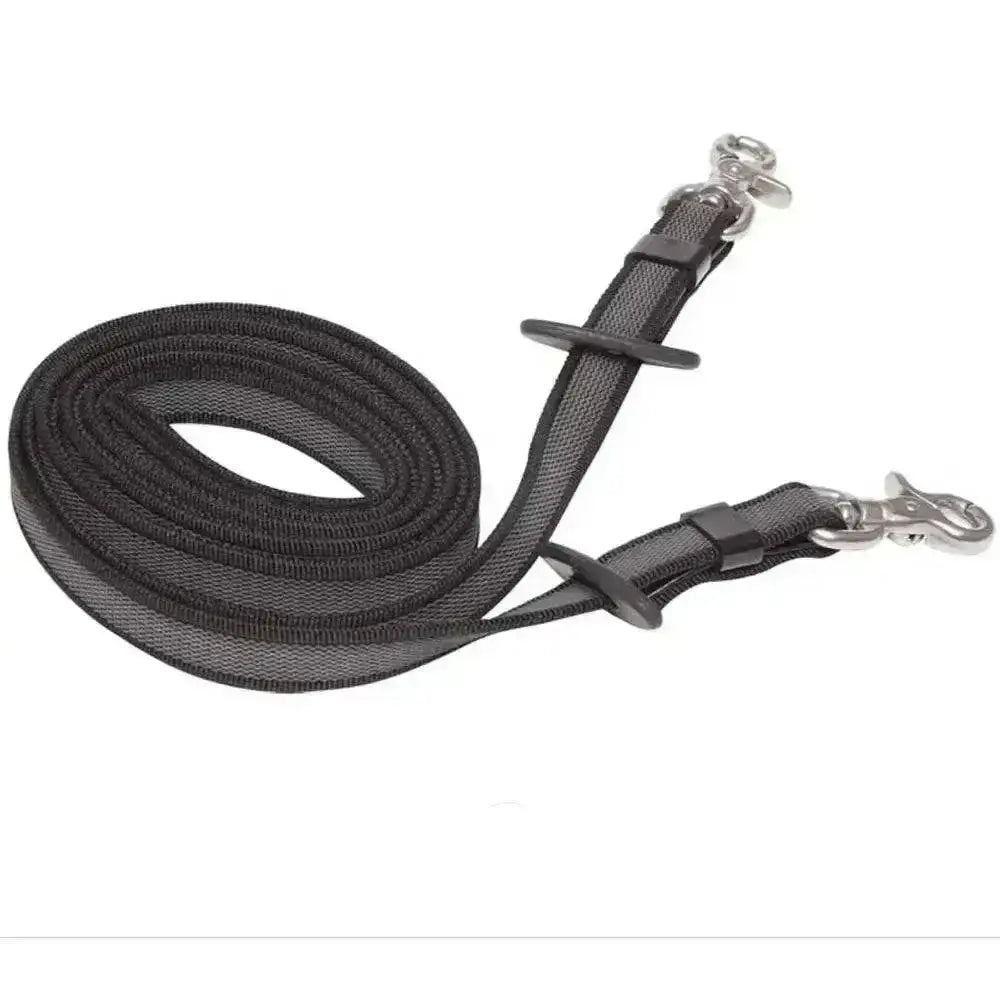 Black woven nylon horse lead with silver metal hardware and adjustable buckle from zilco marathon reins ss