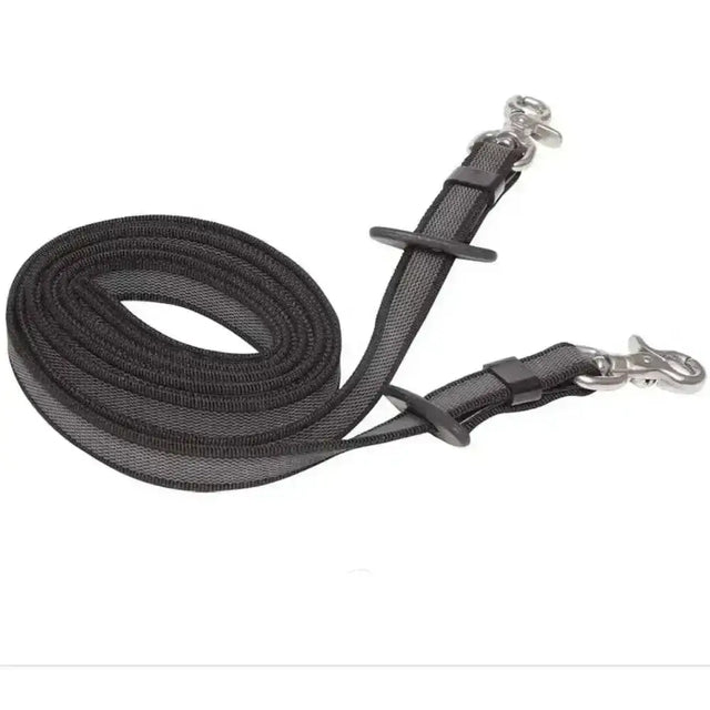 Black woven nylon horse lead with silver metal hardware and adjustable buckle from zilco marathon reins ss