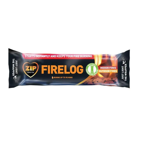Zip bestflame firelog in black and orange wrapper starts instantly burns up to 90 minutes made from natural hardwood
