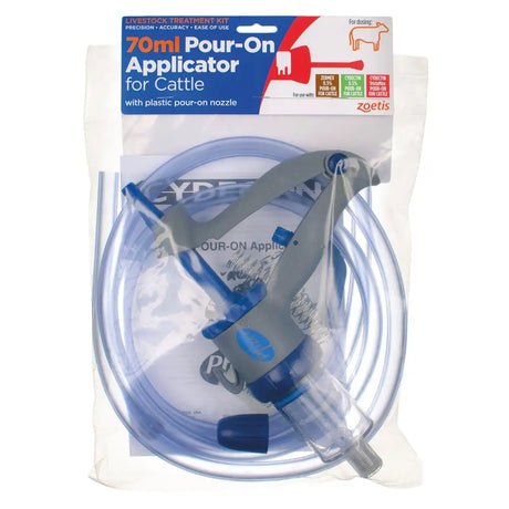 Gray and blue plastic zoetis cattle pour-on applicator with clear hose for easy automatic dosing of cattle