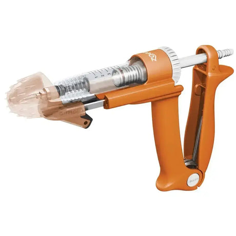 Orange plastic zoetis cattle and sheep accurus injector syringe gun with clear graduated barrel and metal needle for cydectin la solution