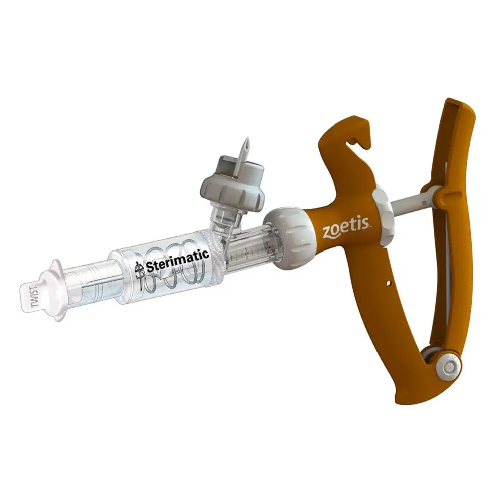 Zoetis cattle sheep bm injector featuring a high quality orange white ergonomic syringe with clear barrel and gray plunger knob