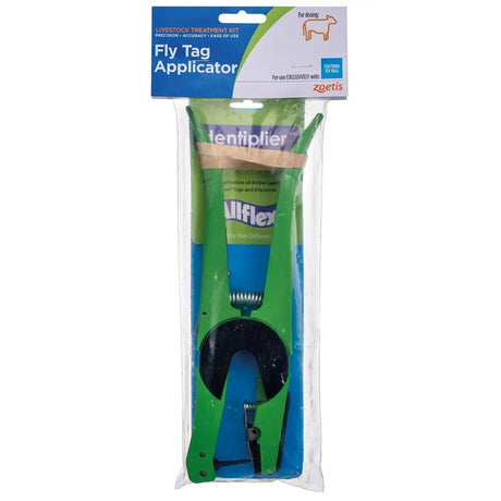 Zoetis fly tag green and blue plastic fly tag applicator in clear packaging for quick release flip pin use