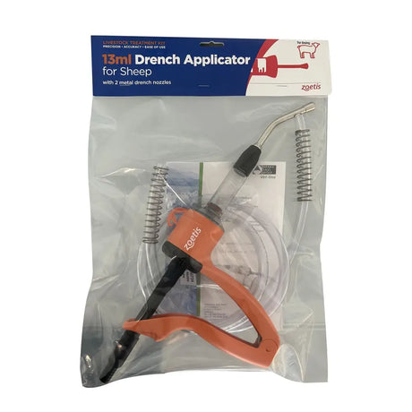 Orange and black zoetis sheep drench 13ml applicator with two metal nozzles for administering cydectin triclamox