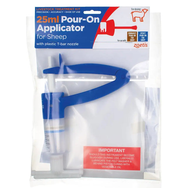 Blue plastic 25ml zoetis sheep pour-on applicator with t-bar nozzle for easy sheep treatment dosing