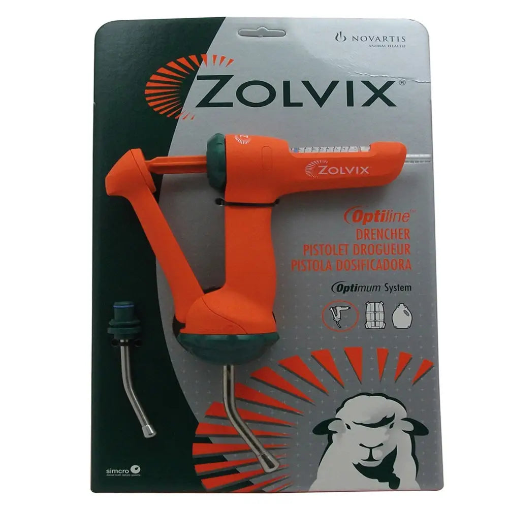 Orange and green zolvix optiline drencher drench gun with sheep illustration for livestock use